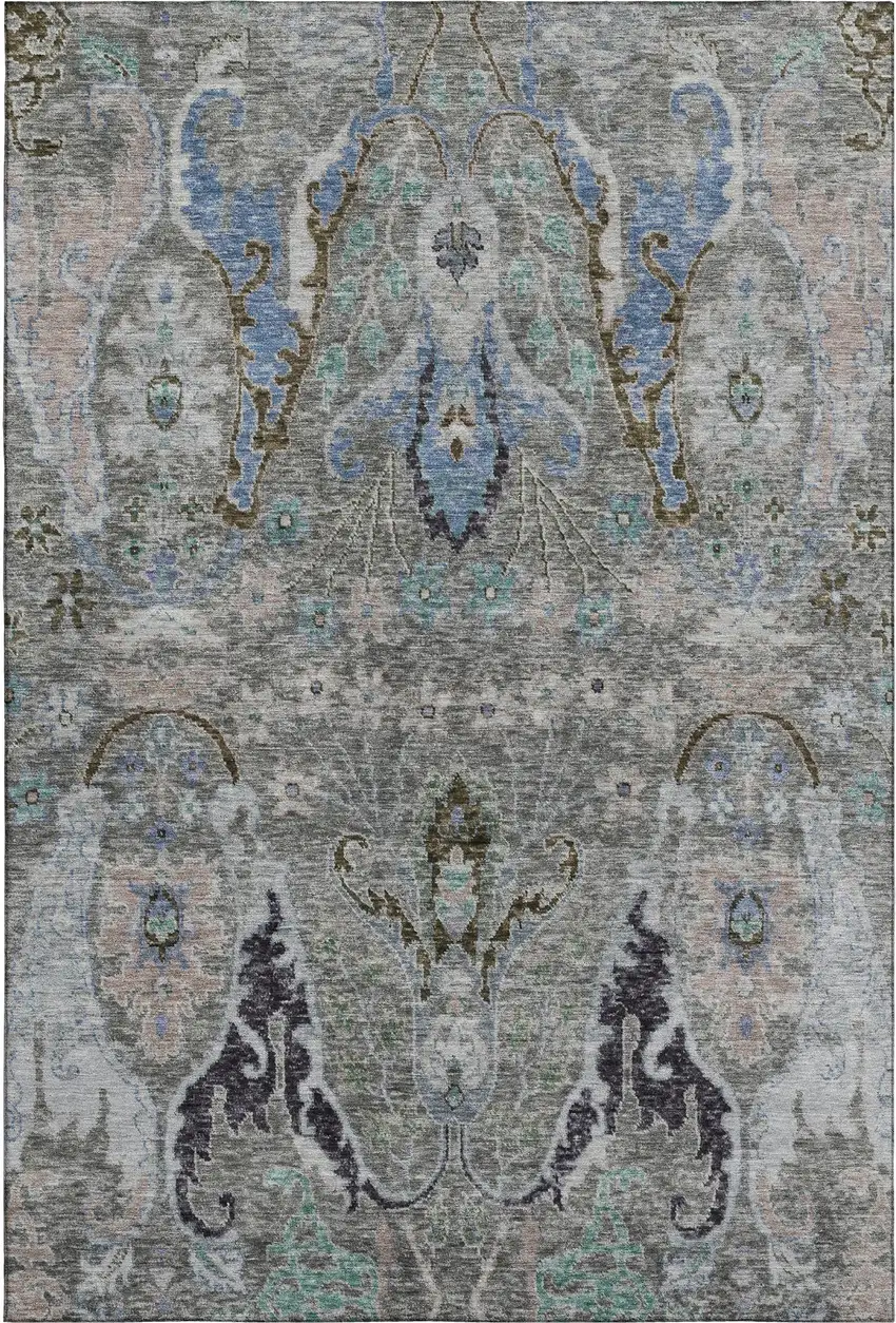 Pewter Blue And Gray Floral Washable Area Rug With UV Protection Photo 1