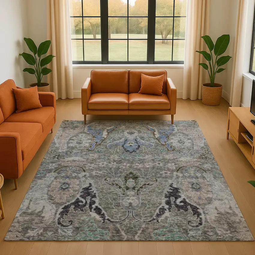 Pewter Blue And Gray Floral Washable Area Rug With UV Protection Photo 5