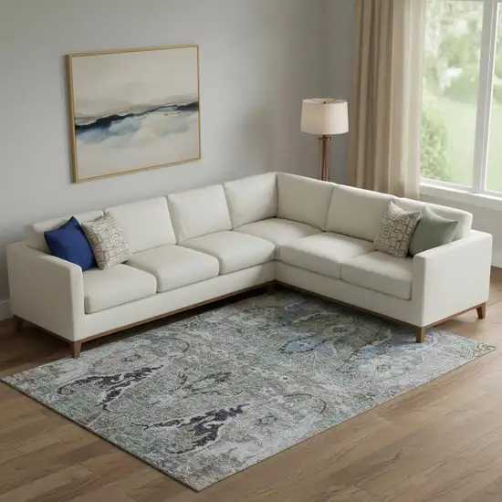 Pewter Blue And Gray Floral Washable Area Rug With UV Protection Photo 2