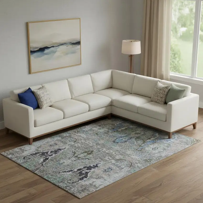 Pewter Blue And Gray Floral Washable Area Rug With UV Protection Photo 2