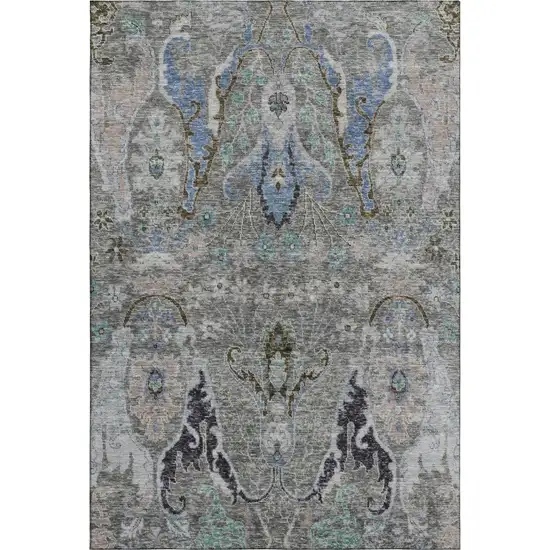 Pewter Blue And Gray Floral Washable Area Rug With UV Protection Photo 1