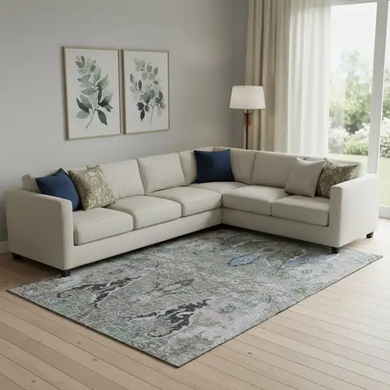 Pewter Blue And Gray Floral Washable Area Rug With UV Protection Photo 2