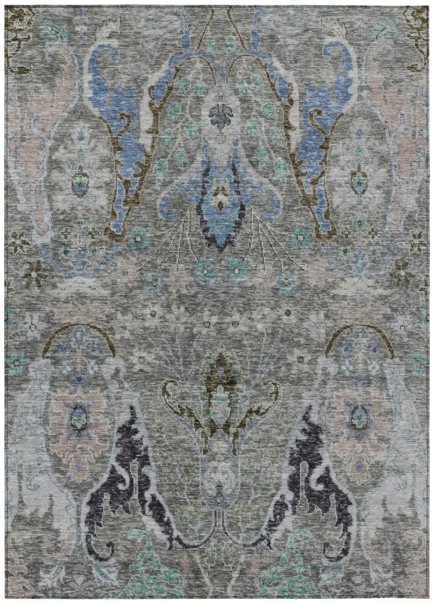 Pewter Blue And Gray Floral Washable Indoor Outdoor Area Rug Photo 1