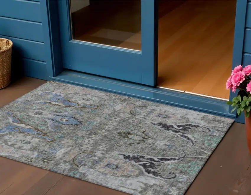 Pewter Blue And Gray Floral Washable Indoor Outdoor Area Rug Photo 2