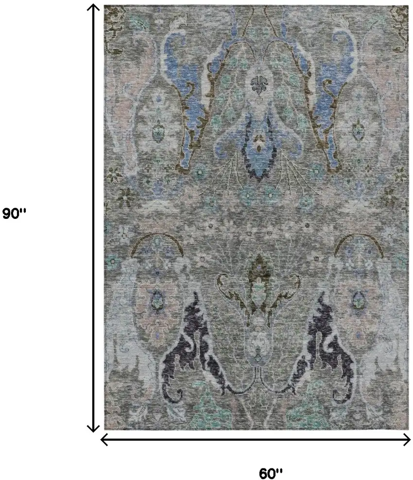 Pewter Blue And Gray Floral Washable Indoor Outdoor Area Rug Photo 9