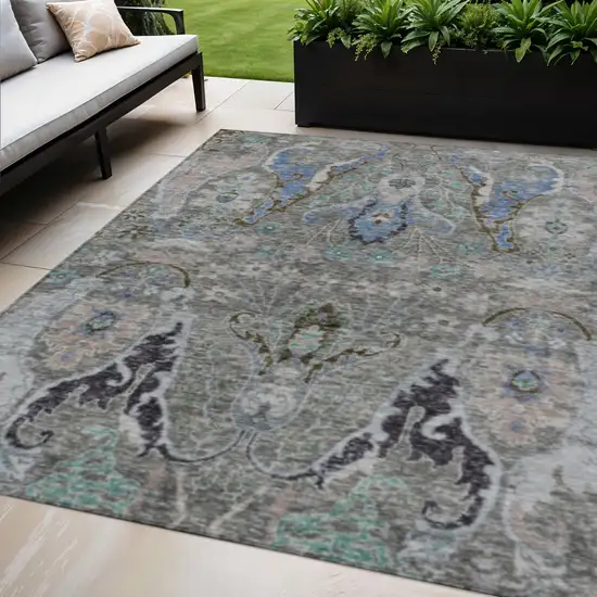 Pewter Blue And Gray Floral Washable Indoor Outdoor Area Rug Photo 2