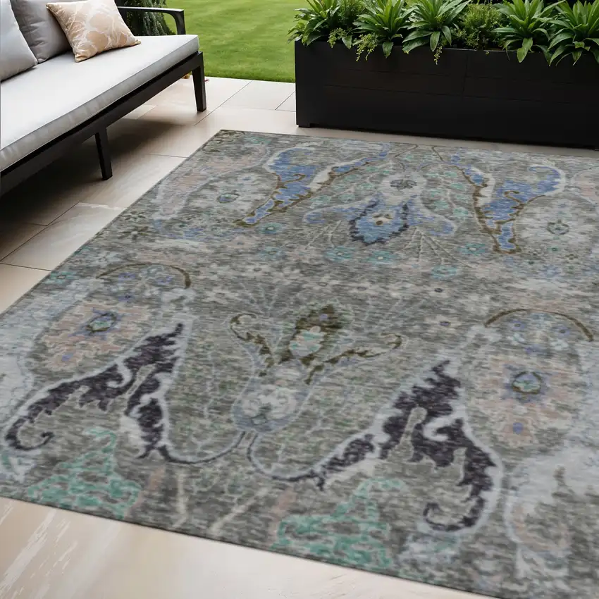Pewter Blue And Gray Floral Washable Indoor Outdoor Area Rug Photo 2
