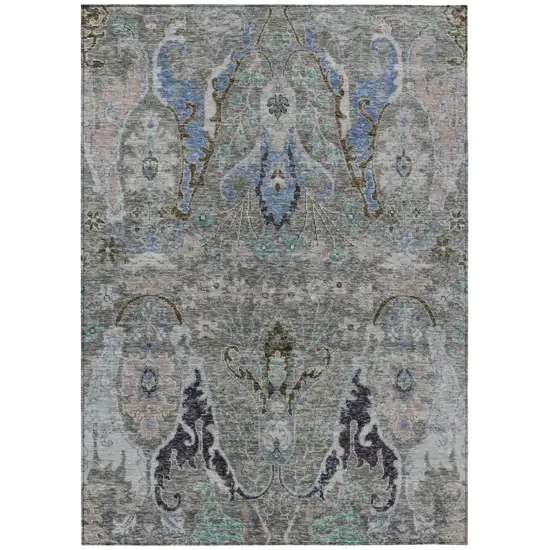 Pewter Blue And Gray Floral Washable Indoor Outdoor Area Rug Photo 1