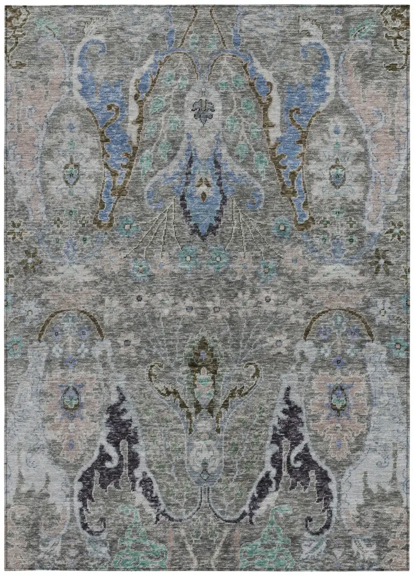 Pewter Blue And Gray Floral Washable Indoor Outdoor Area Rug Photo 3