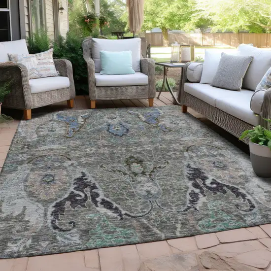 Pewter Blue And Gray Floral Washable Indoor Outdoor Area Rug Photo 5