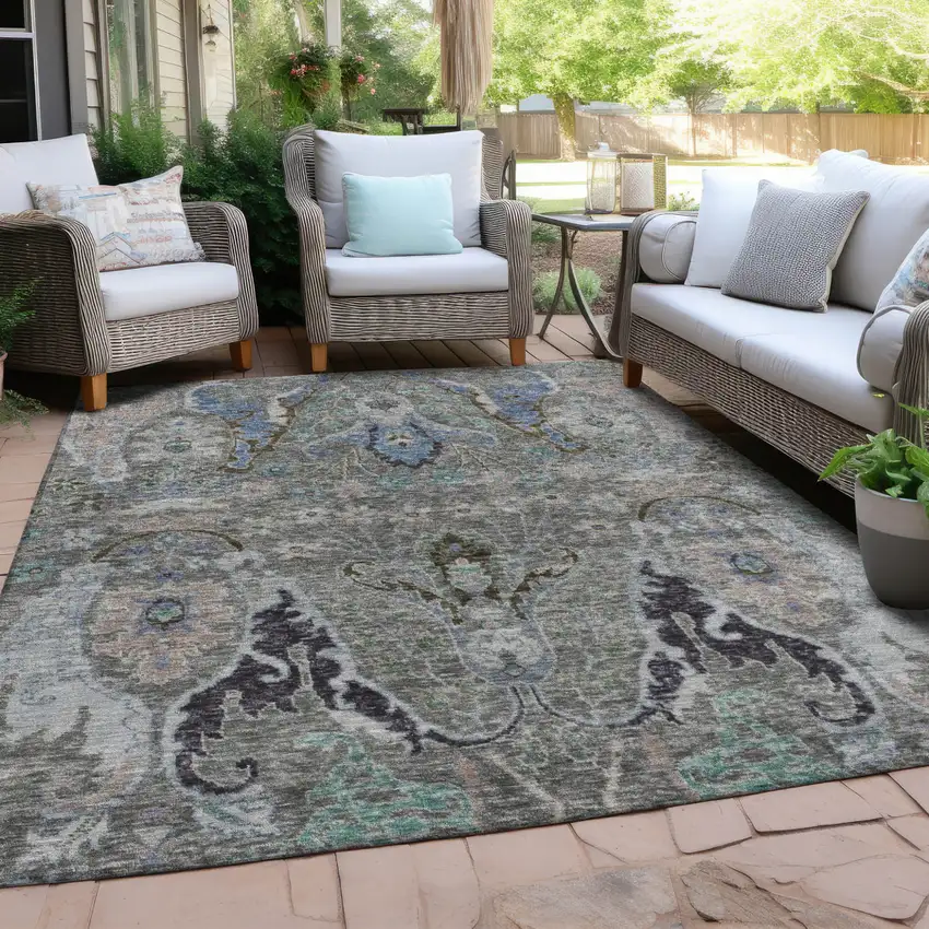 Pewter Blue And Gray Floral Washable Indoor Outdoor Area Rug Photo 5