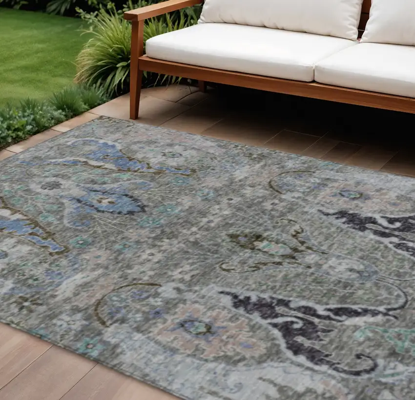 Pewter Blue And Gray Floral Washable Indoor Outdoor Area Rug Photo 2