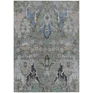 Photo of Pewter Blue And Gray Floral Washable Indoor Outdoor Area Rug