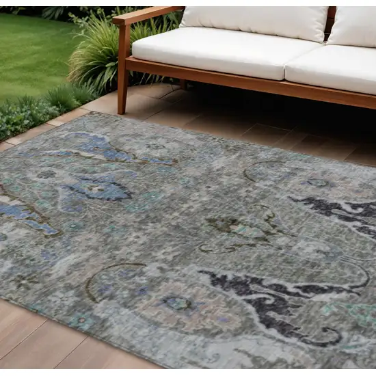 Pewter Blue And Gray Floral Washable Indoor Outdoor Area Rug Photo 2