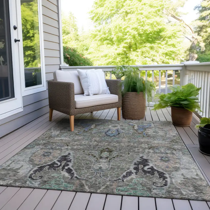 Pewter Blue And Gray Floral Washable Indoor Outdoor Area Rug Photo 8