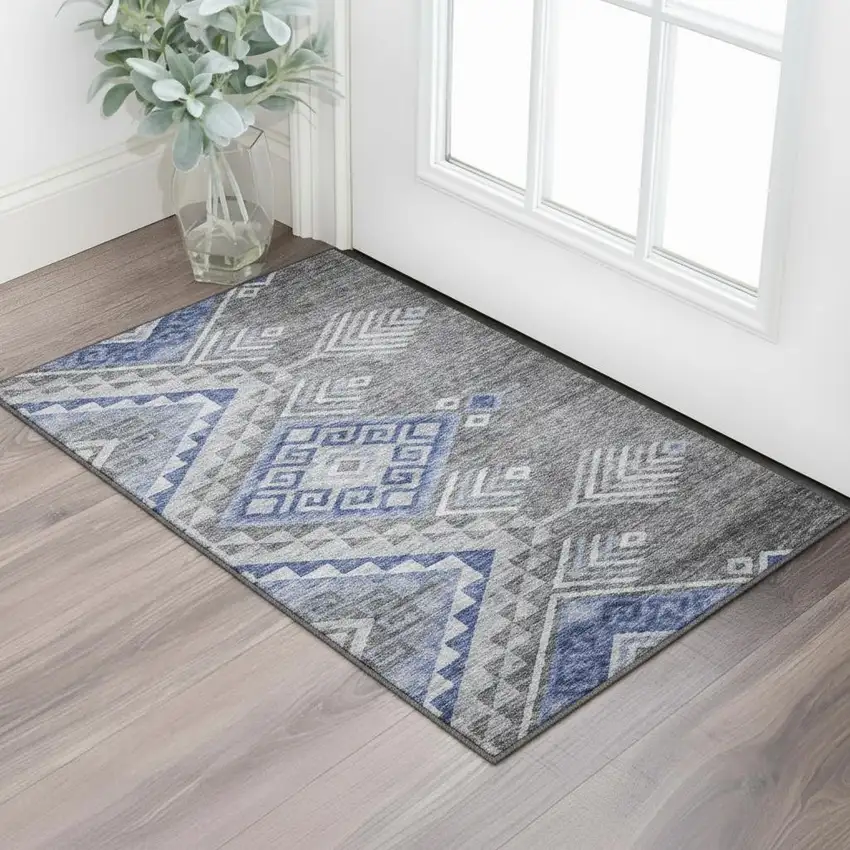 Pewter Blue And Gray Geometric Washable Area Rug With UV Protection Photo 2