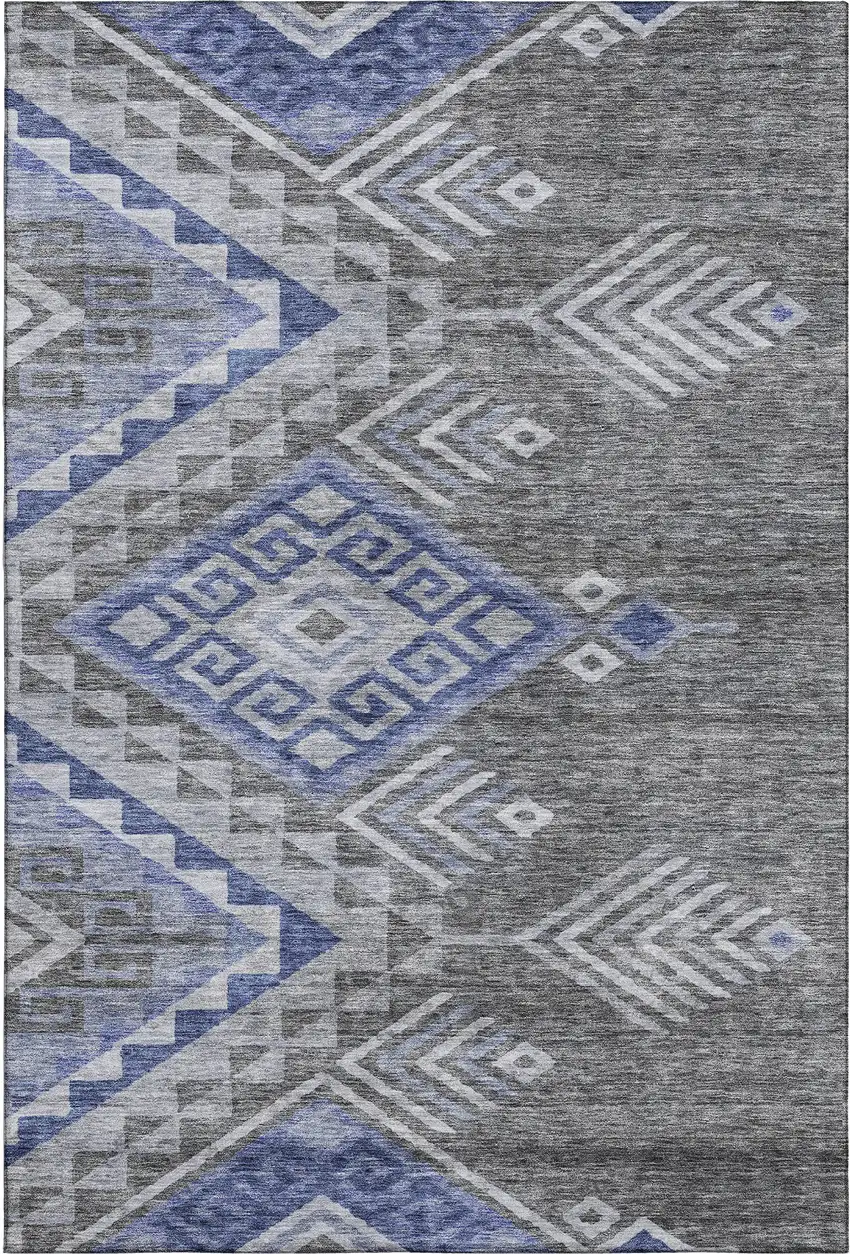 Pewter Blue And Gray Geometric Washable Area Rug With UV Protection Photo 1