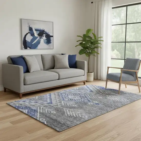 Pewter Blue And Gray Geometric Washable Area Rug With UV Protection Photo 2