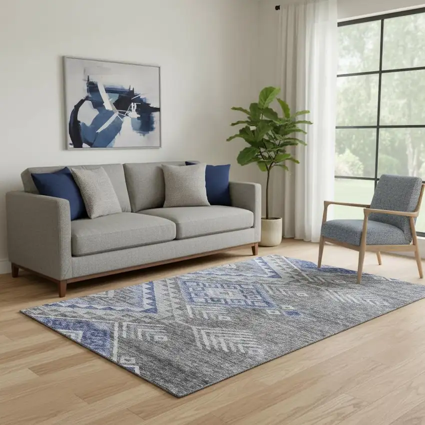 Pewter Blue And Gray Geometric Washable Area Rug With UV Protection Photo 2