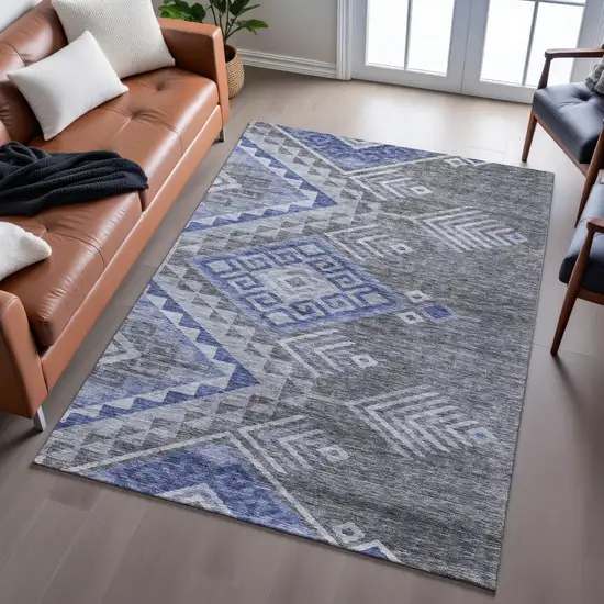Pewter Blue And Gray Geometric Washable Area Rug With UV Protection Photo 5