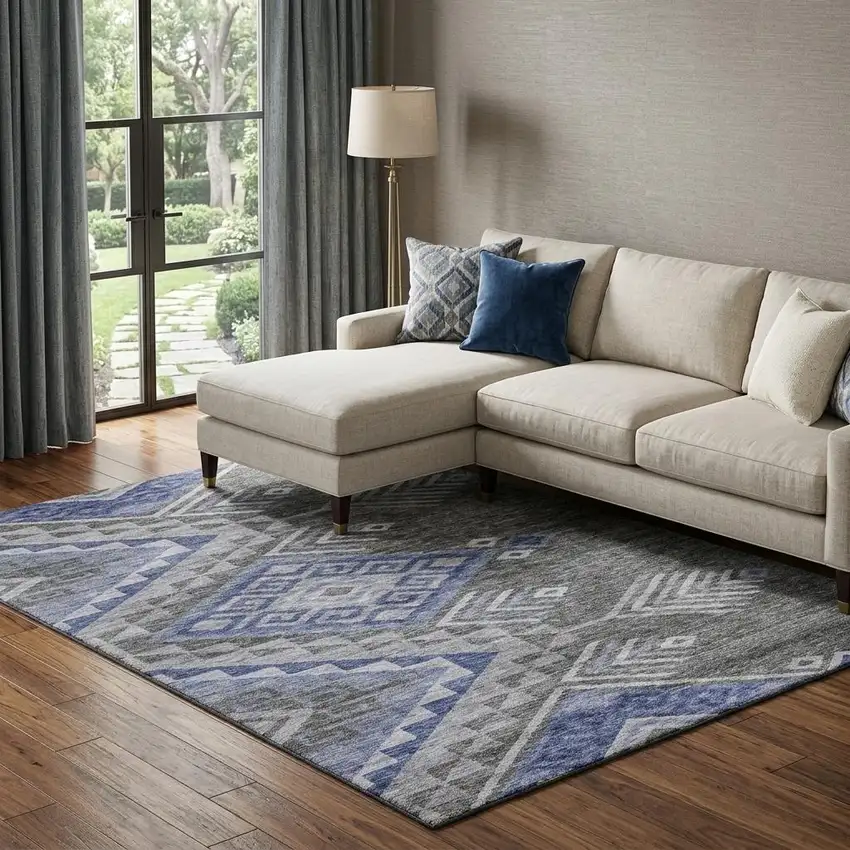 Pewter Blue And Gray Geometric Washable Area Rug With UV Protection Photo 1