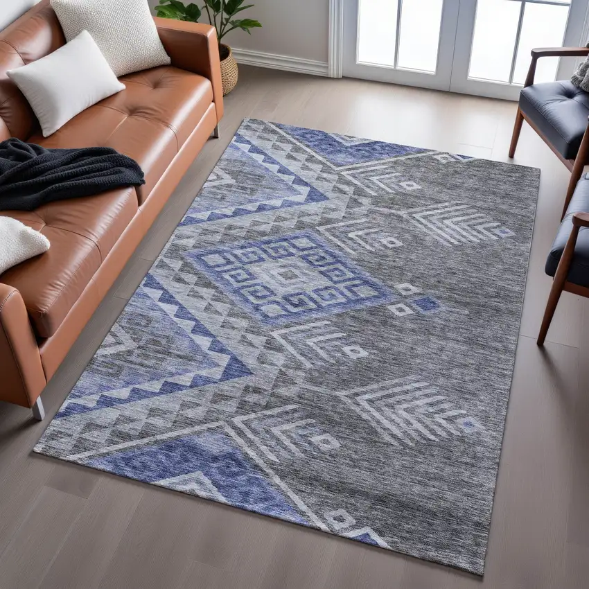 Pewter Blue And Gray Geometric Washable Area Rug With UV Protection Photo 5