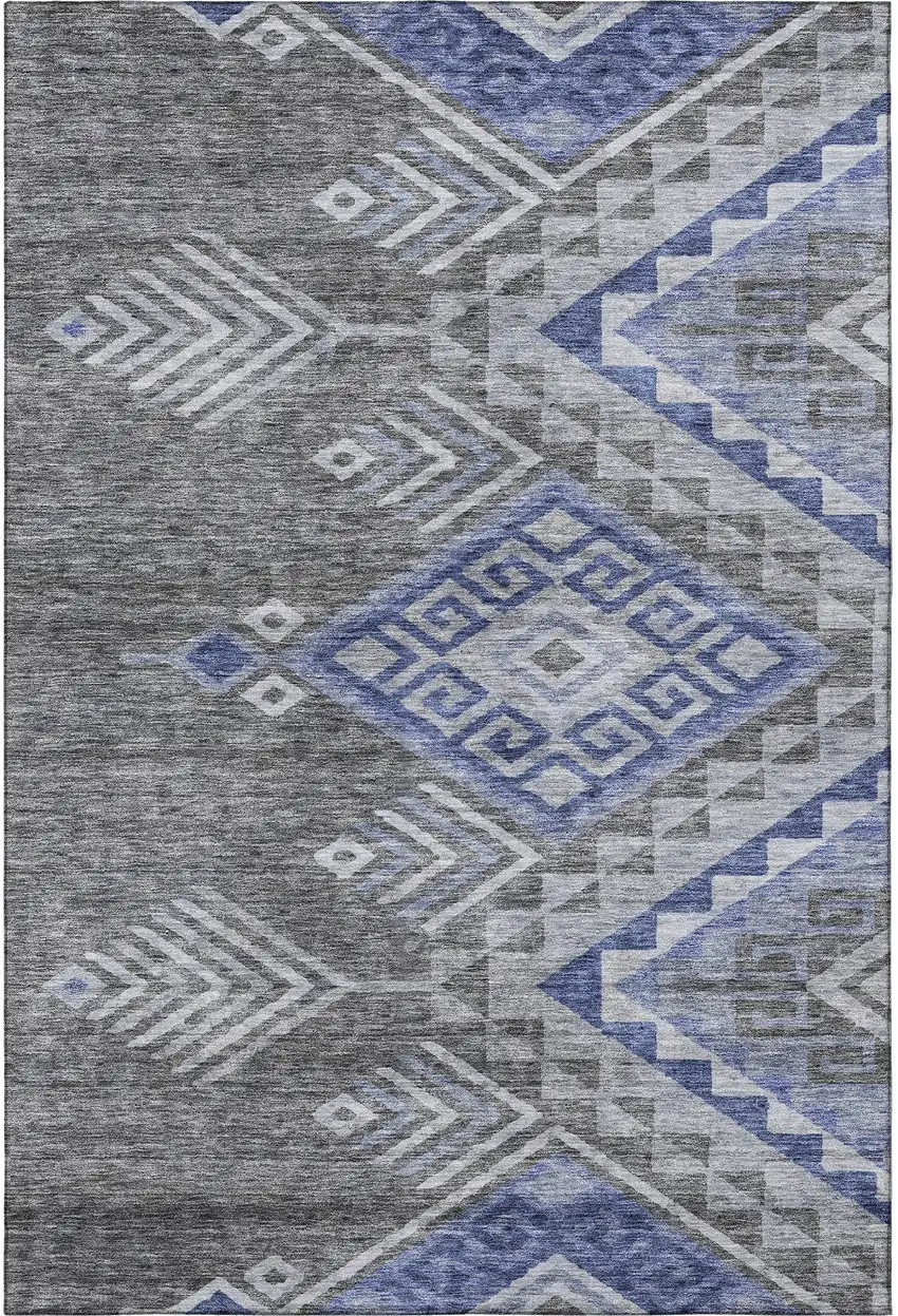 Pewter Blue And Gray Geometric Washable Area Rug With UV Protection Photo 3