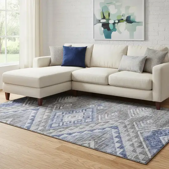 Pewter Blue And Gray Geometric Washable Area Rug With UV Protection Photo 2
