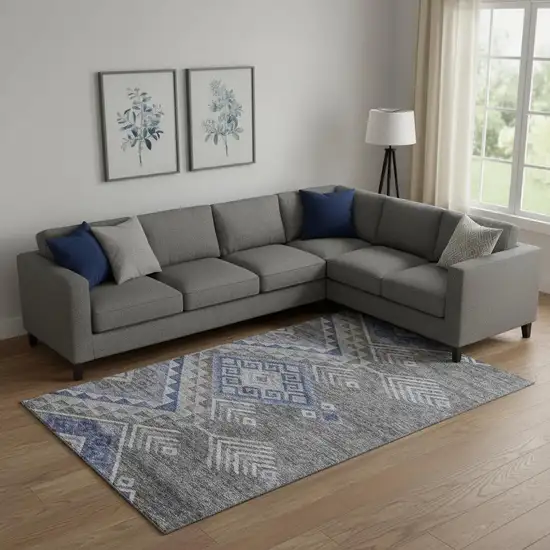 Pewter Blue And Gray Geometric Washable Area Rug With UV Protection Photo 2