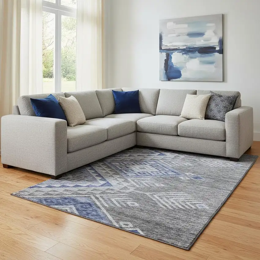 Pewter Blue And Gray Geometric Washable Area Rug With UV Protection Photo 2