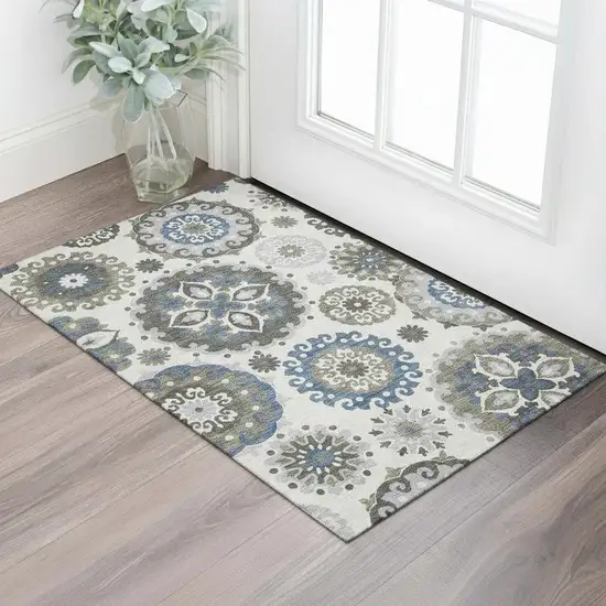 Pewter Blue And Gray Medallion Washable Area Rug With UV Protection Photo 1