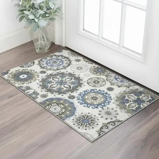 Pewter Blue And Gray Medallion Washable Area Rug With UV Protection Photo 2