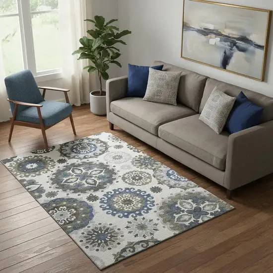 Pewter Blue And Gray Medallion Washable Area Rug With UV Protection Photo 1