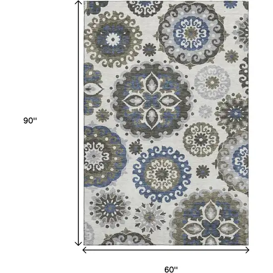 Pewter Blue And Gray Medallion Washable Area Rug With UV Protection Photo 3