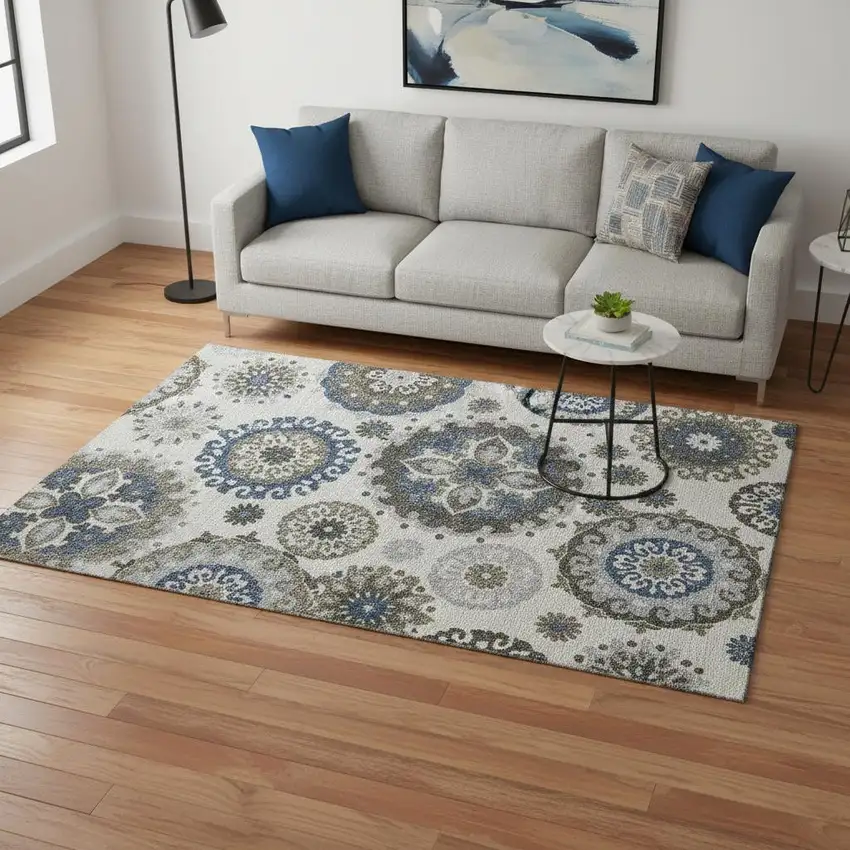 Pewter Blue And Gray Medallion Washable Area Rug With UV Protection Photo 2