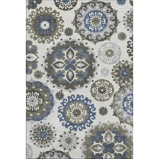 Pewter Blue And Gray Medallion Washable Area Rug With UV Protection Photo 1