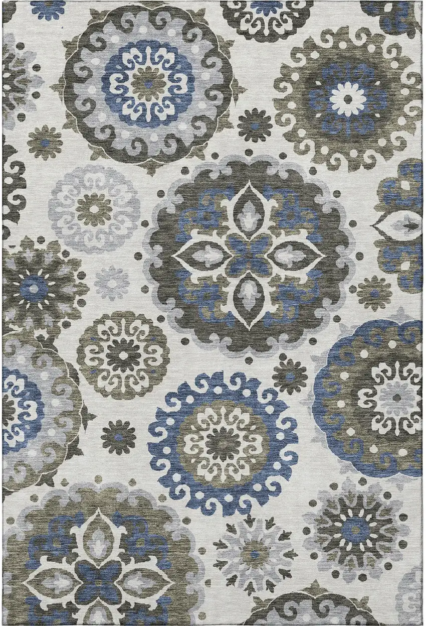 Pewter Blue And Gray Medallion Washable Area Rug With UV Protection Photo 4
