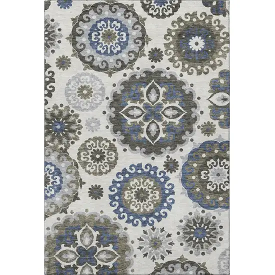 Pewter Blue And Gray Medallion Washable Area Rug With UV Protection Photo 3