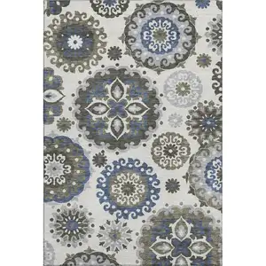 Photo of Pewter Blue And Gray Medallion Washable Area Rug With UV Protection