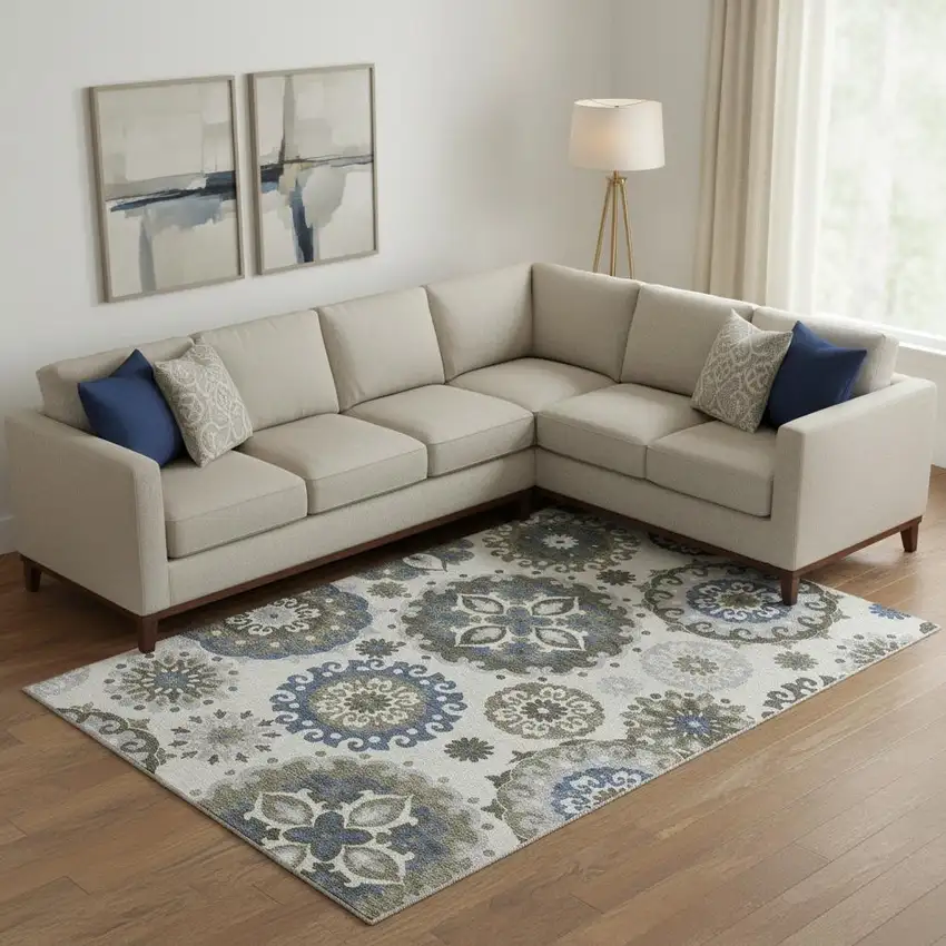 Pewter Blue And Gray Medallion Washable Area Rug With UV Protection Photo 1