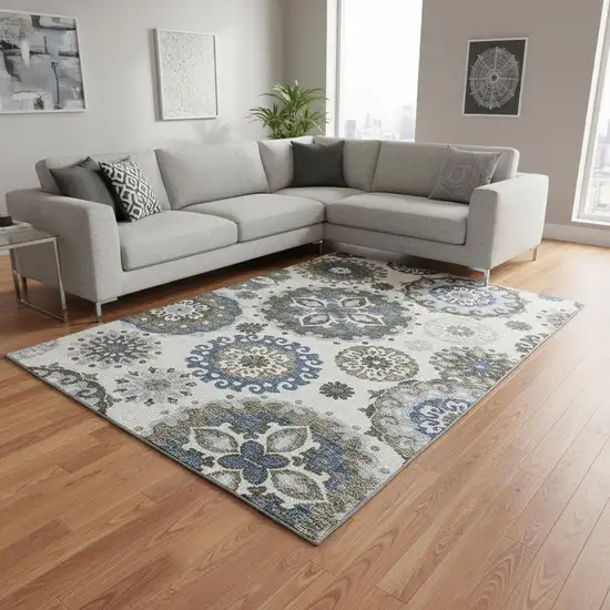 Pewter Blue And Gray Medallion Washable Area Rug With UV Protection Photo 2