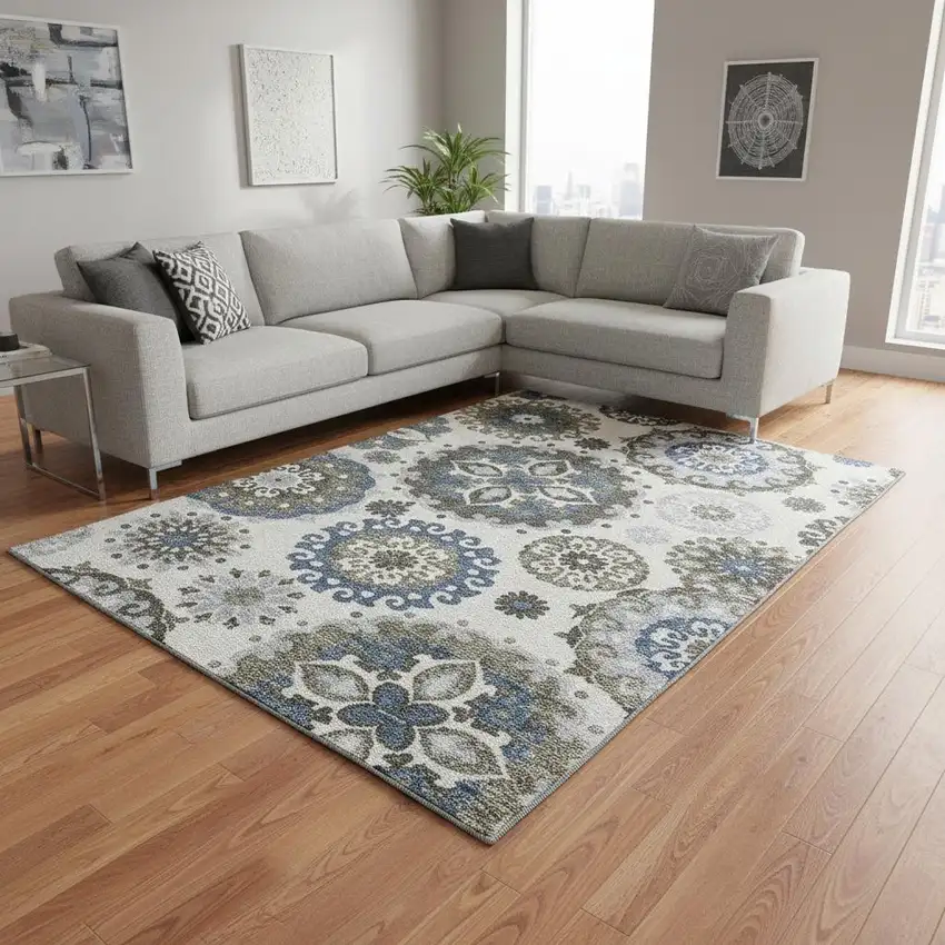 Pewter Blue And Gray Medallion Washable Area Rug With UV Protection Photo 2