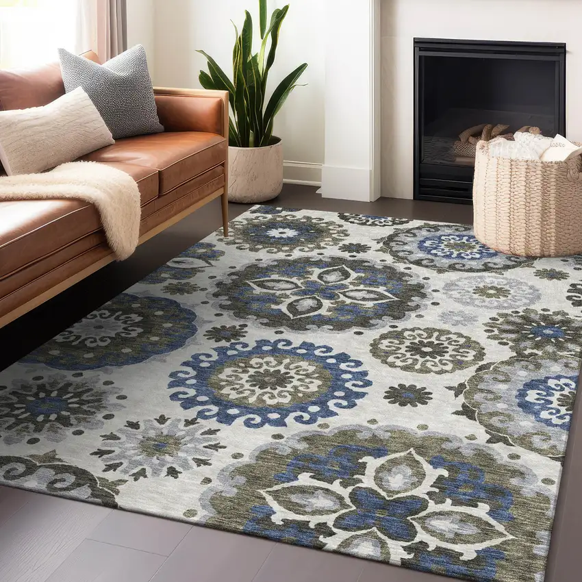 Pewter Blue And Gray Medallion Washable Area Rug With UV Protection Photo 5