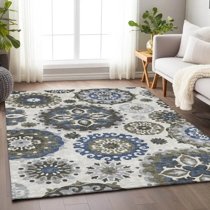 Pewter Blue And Gray Medallion Washable Area Rug With UV Protection Photo 4