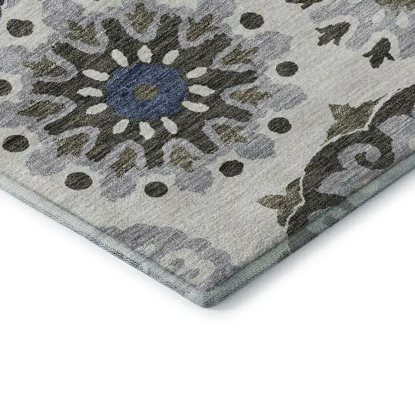 Pewter Blue And Gray Medallion Washable Area Rug With UV Protection Photo 7