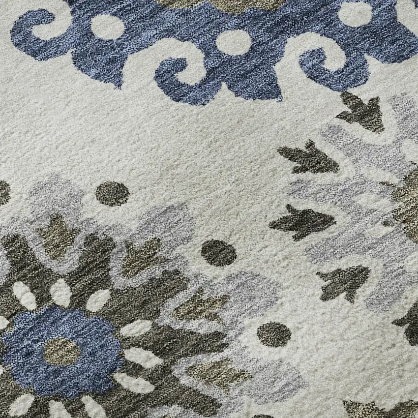 Pewter Blue And Gray Medallion Washable Area Rug With UV Protection Photo 9