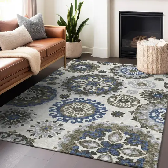 Pewter Blue And Gray Medallion Washable Area Rug With UV Protection Photo 6