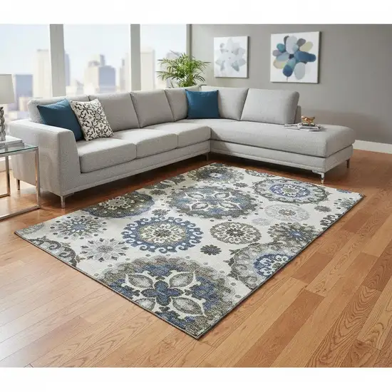Pewter Blue And Gray Medallion Washable Area Rug With UV Protection Photo 2