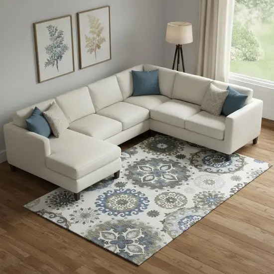 Pewter Blue And Gray Medallion Washable Area Rug With UV Protection Photo 1