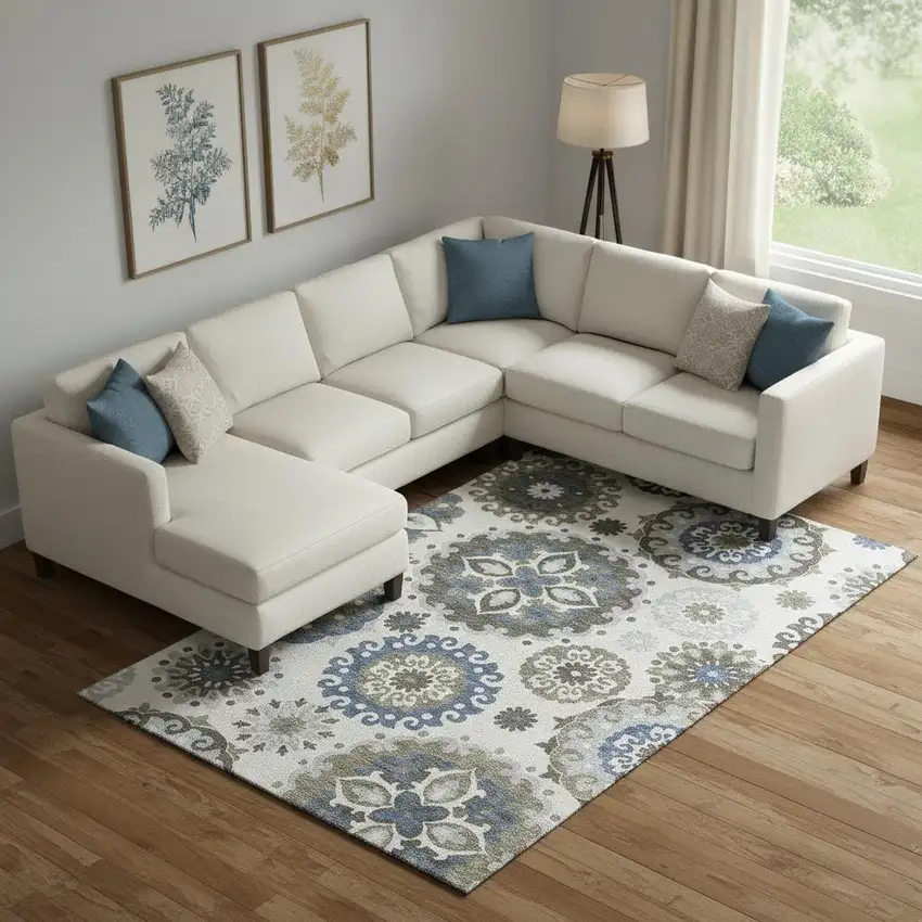 Pewter Blue And Gray Medallion Washable Area Rug With UV Protection Photo 1